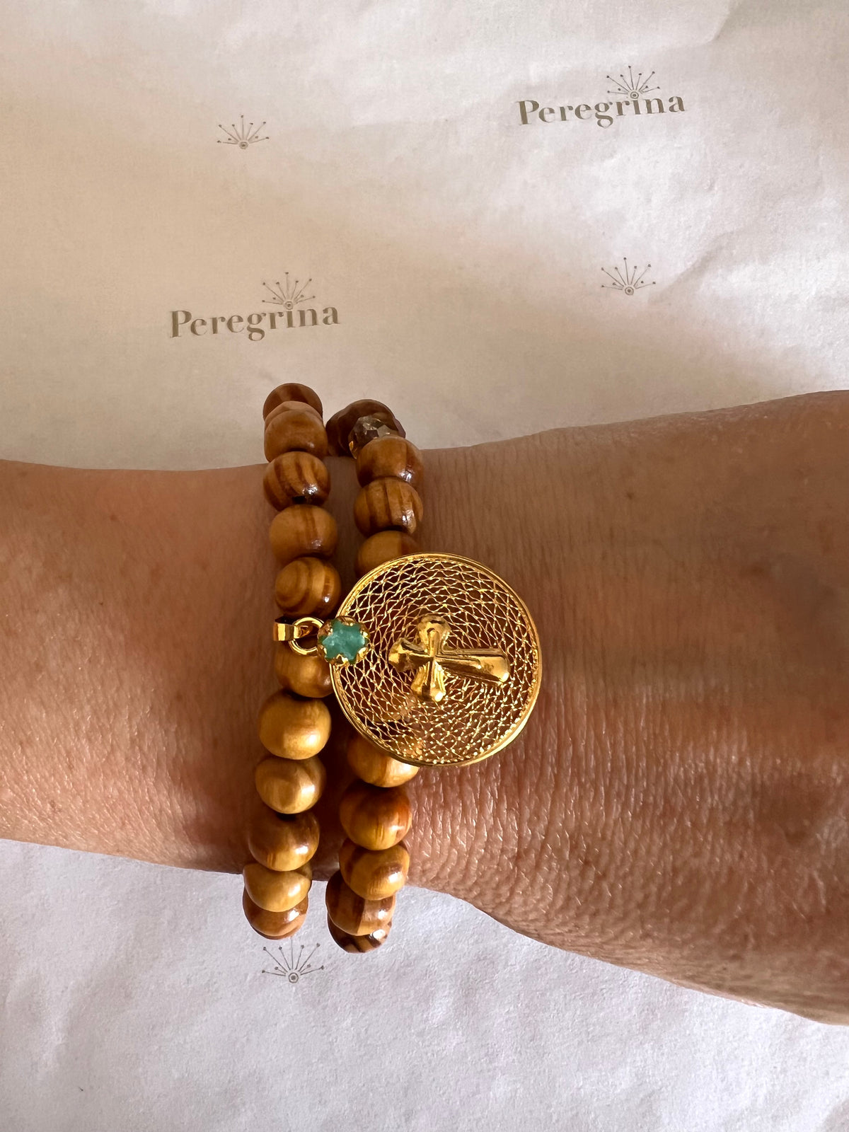 Rosario Pulsera Madera Medalla Filigrana Personalizada
