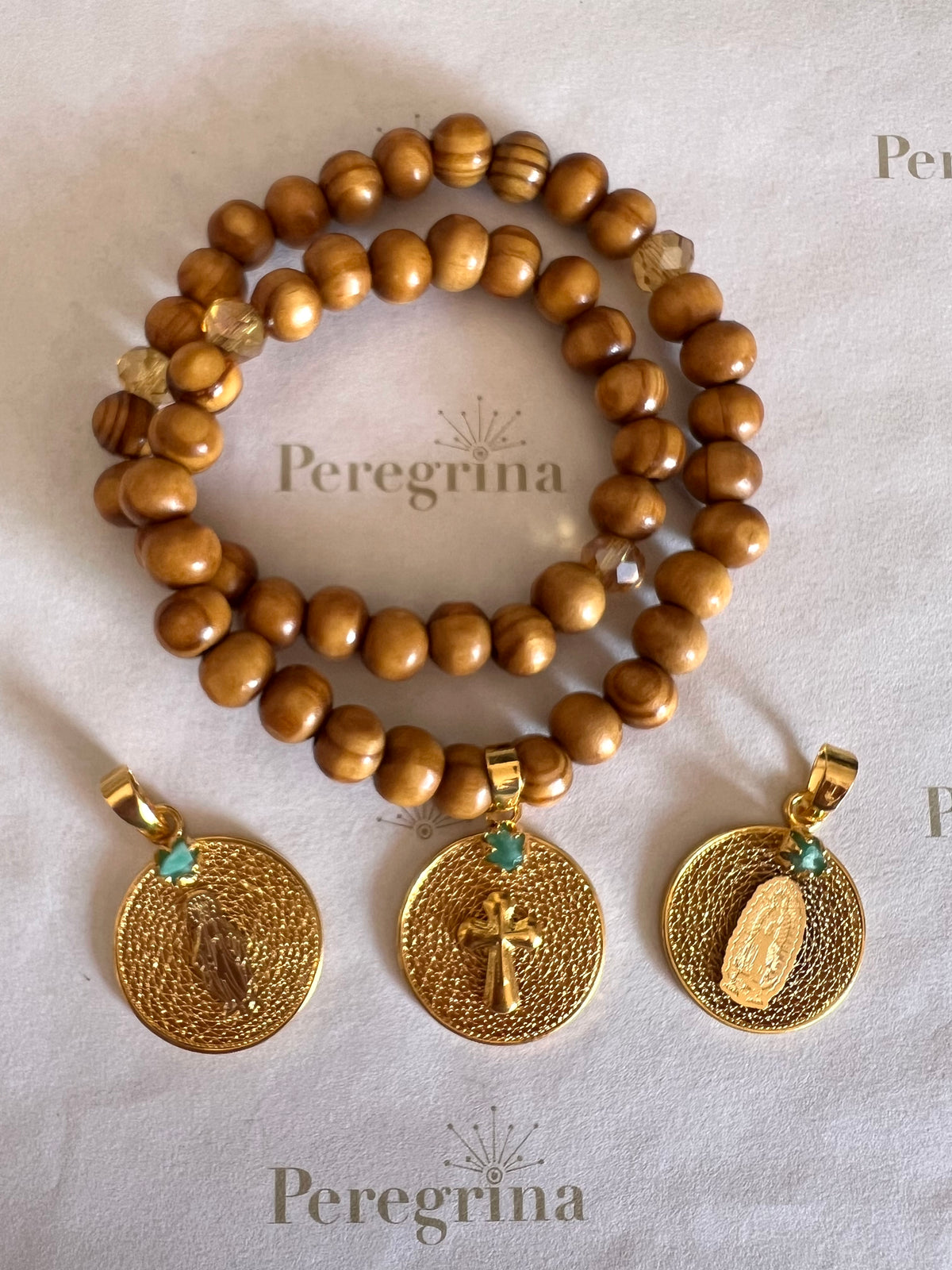 Rosario Pulsera Madera Medalla Filigrana Personalizada