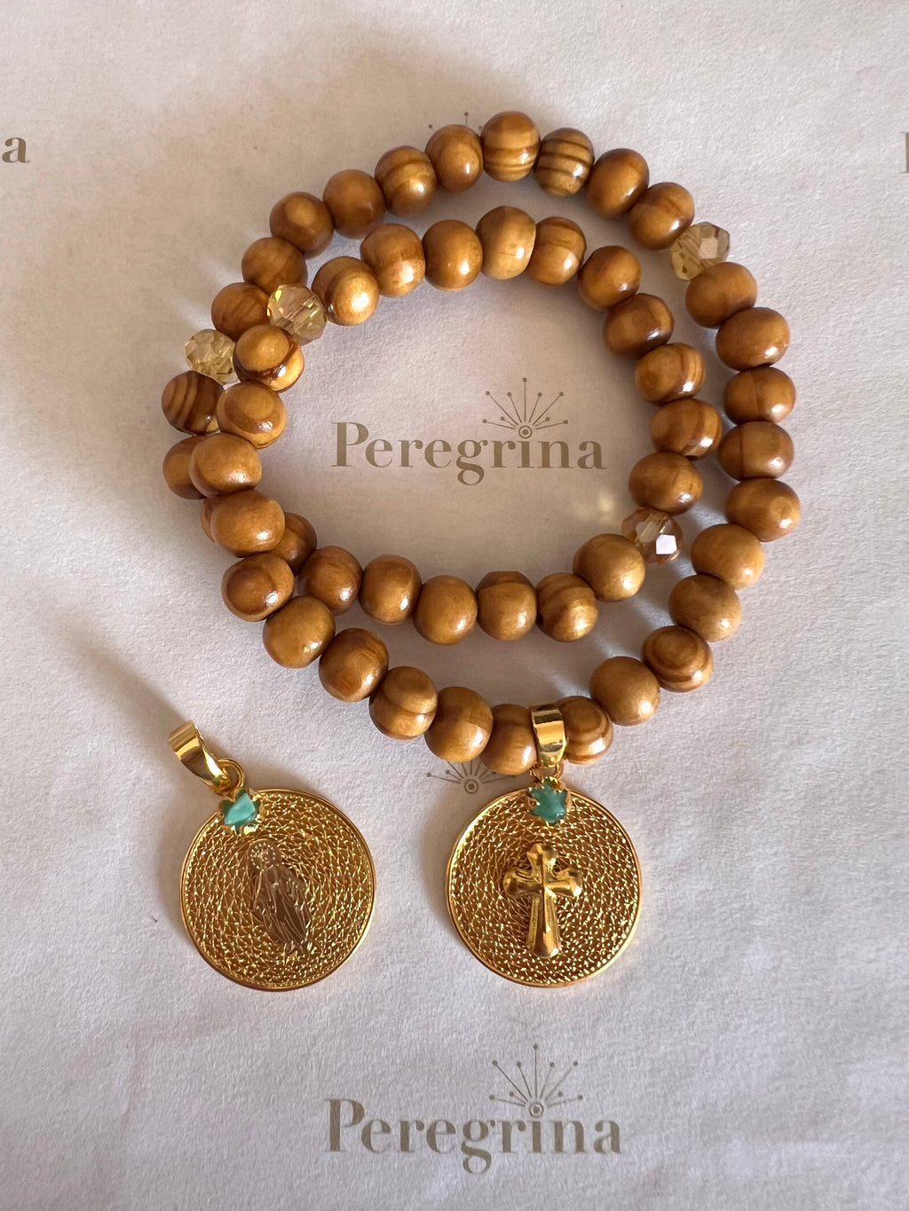 Rosario Pulsera Madera Medalla Filigrana Personalizada
