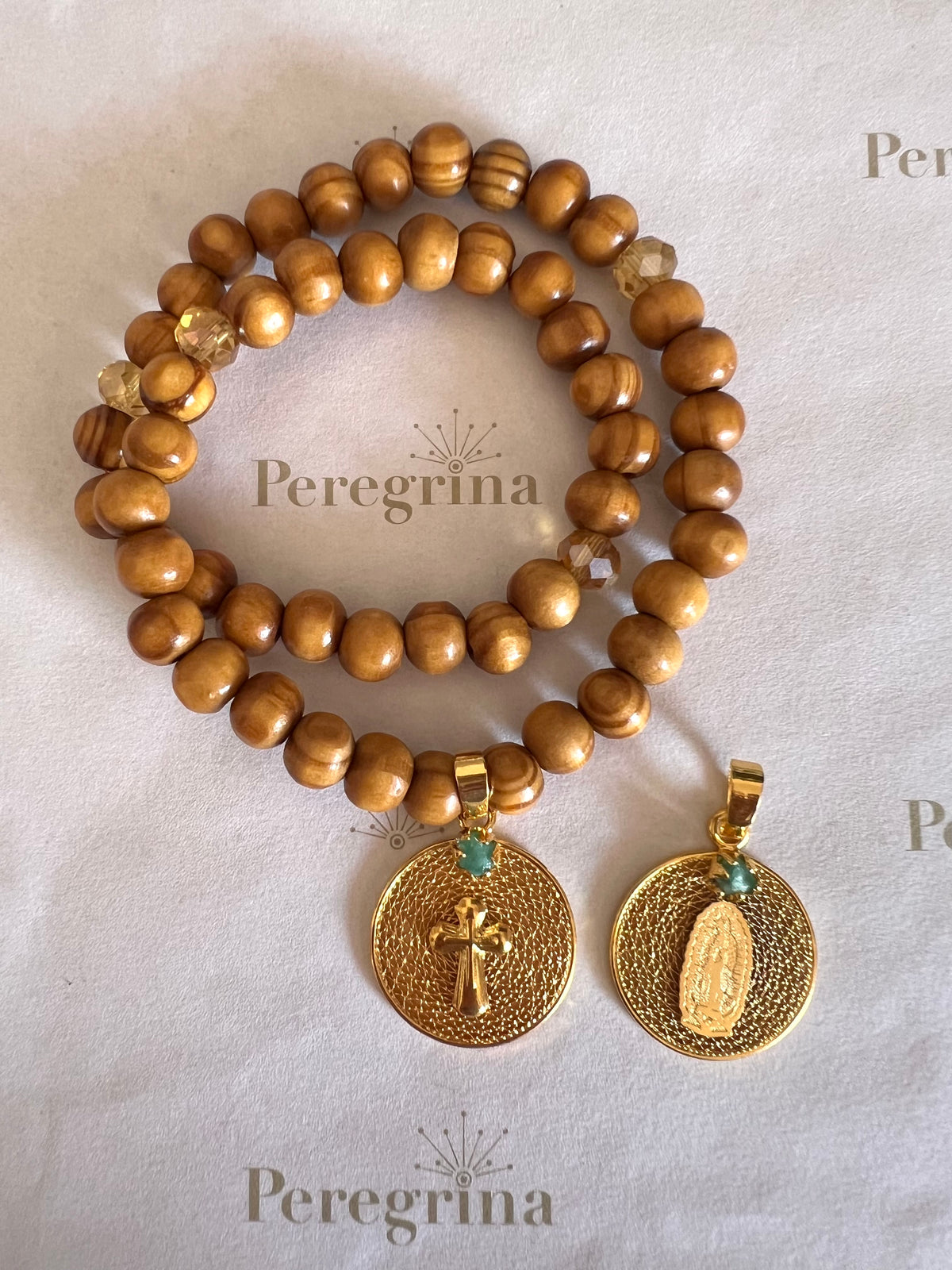 Rosario Pulsera Madera Medalla Filigrana Personalizada