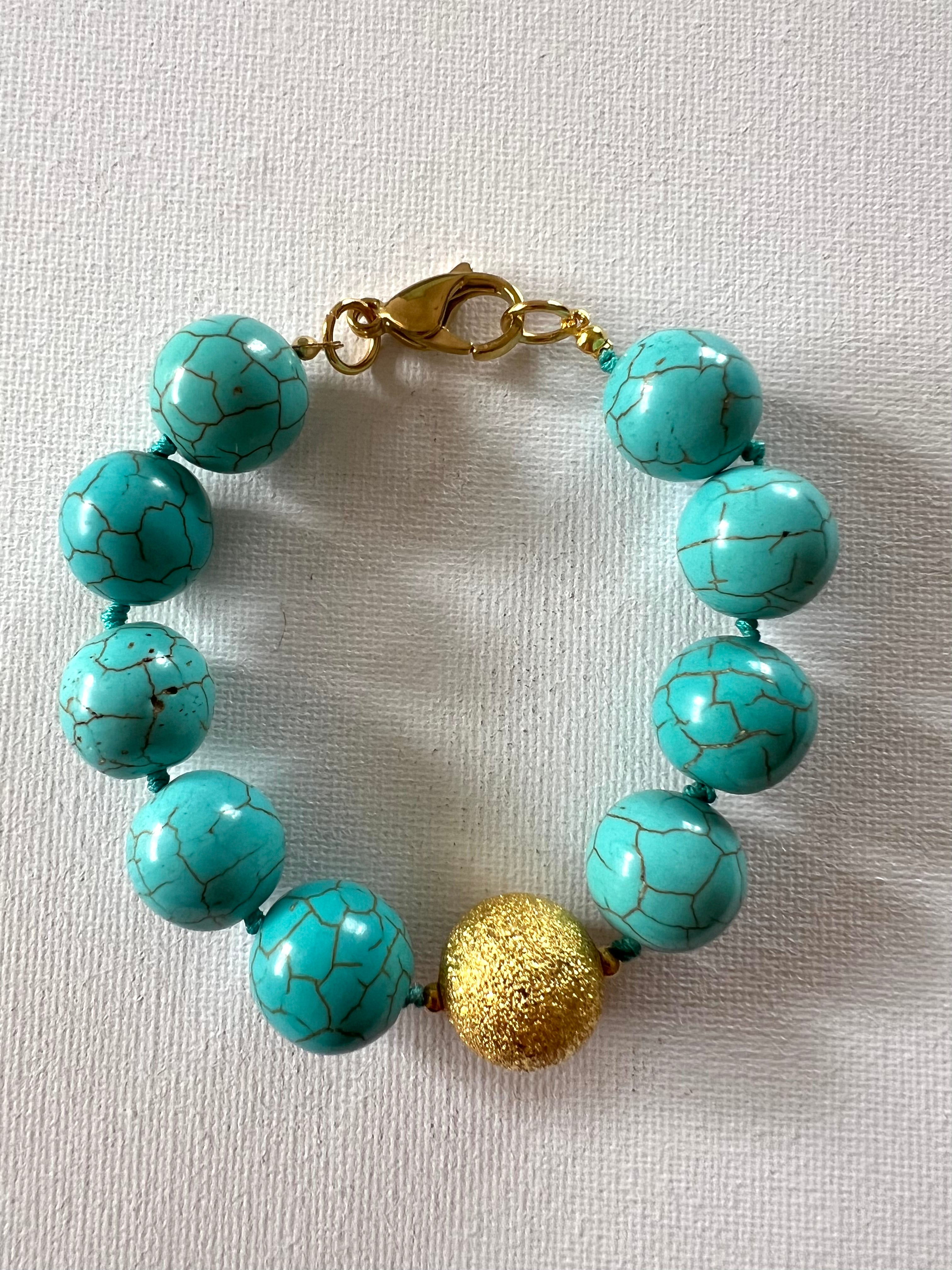 Pulsera Divina Misericordia Turquesa Redonda Esfera Dorada