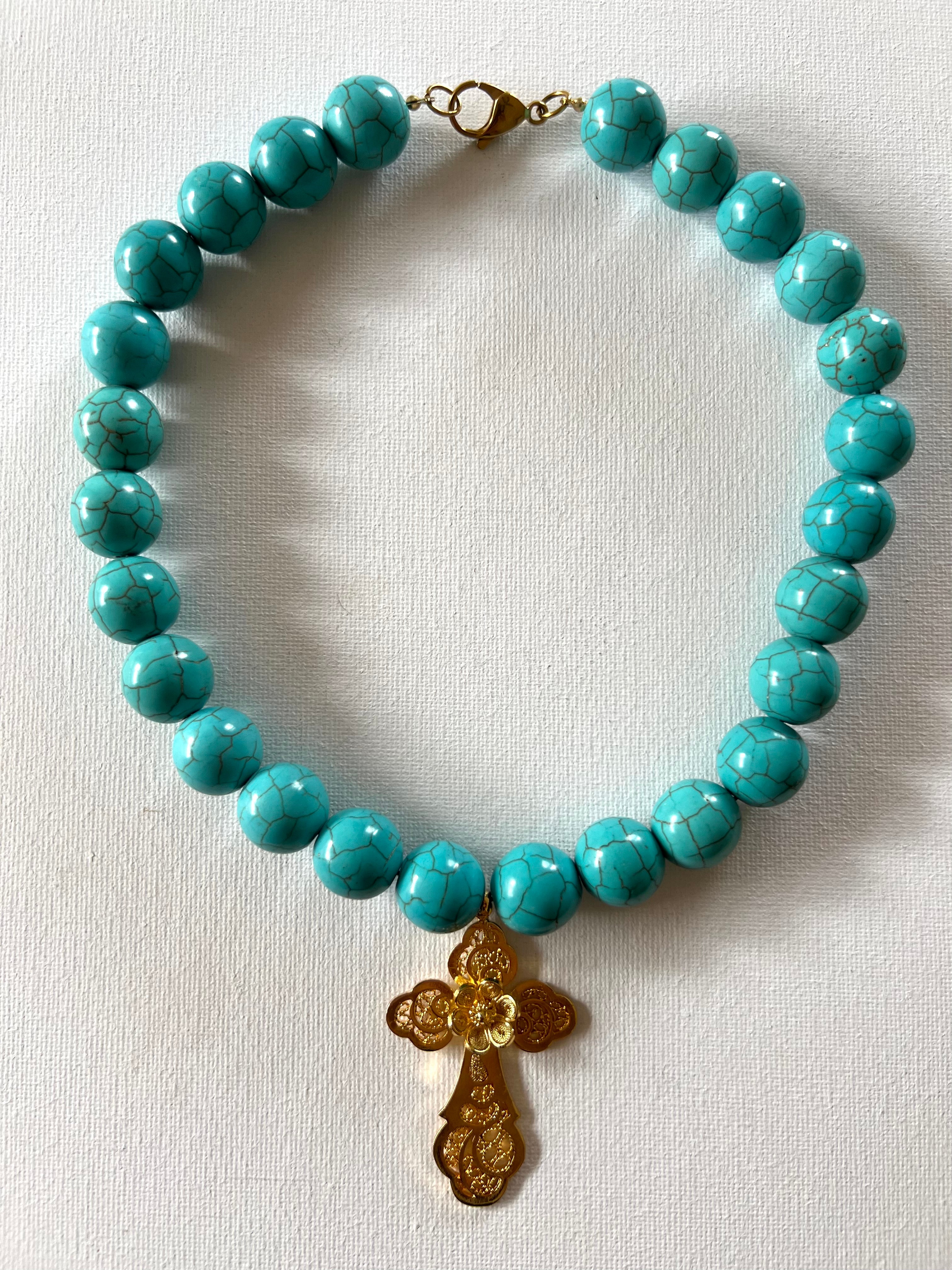 Collar Divina Misericordia Turquesa lisa Cruz Dorada